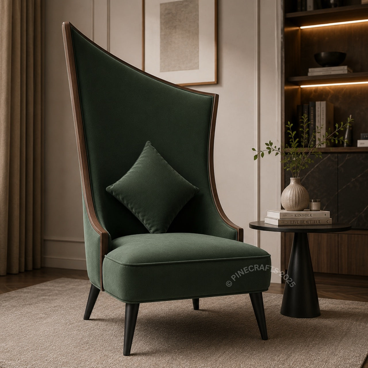 Luxury emerald green velvet wingback accent chair with modern high-back design in stylish living room interior.